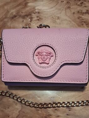 Versace Pink Pebbled Leather Mini Chain Wallet with Medusa Detail